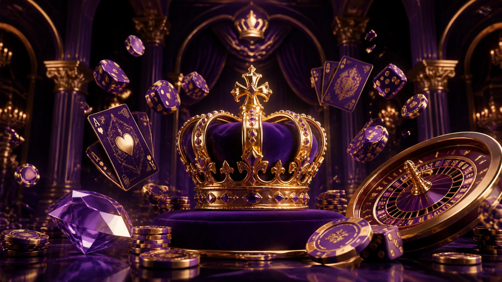 Luxurious casino-themed hero banner for Kingia with 3D poker chips and playing cards in a cinematic glow.